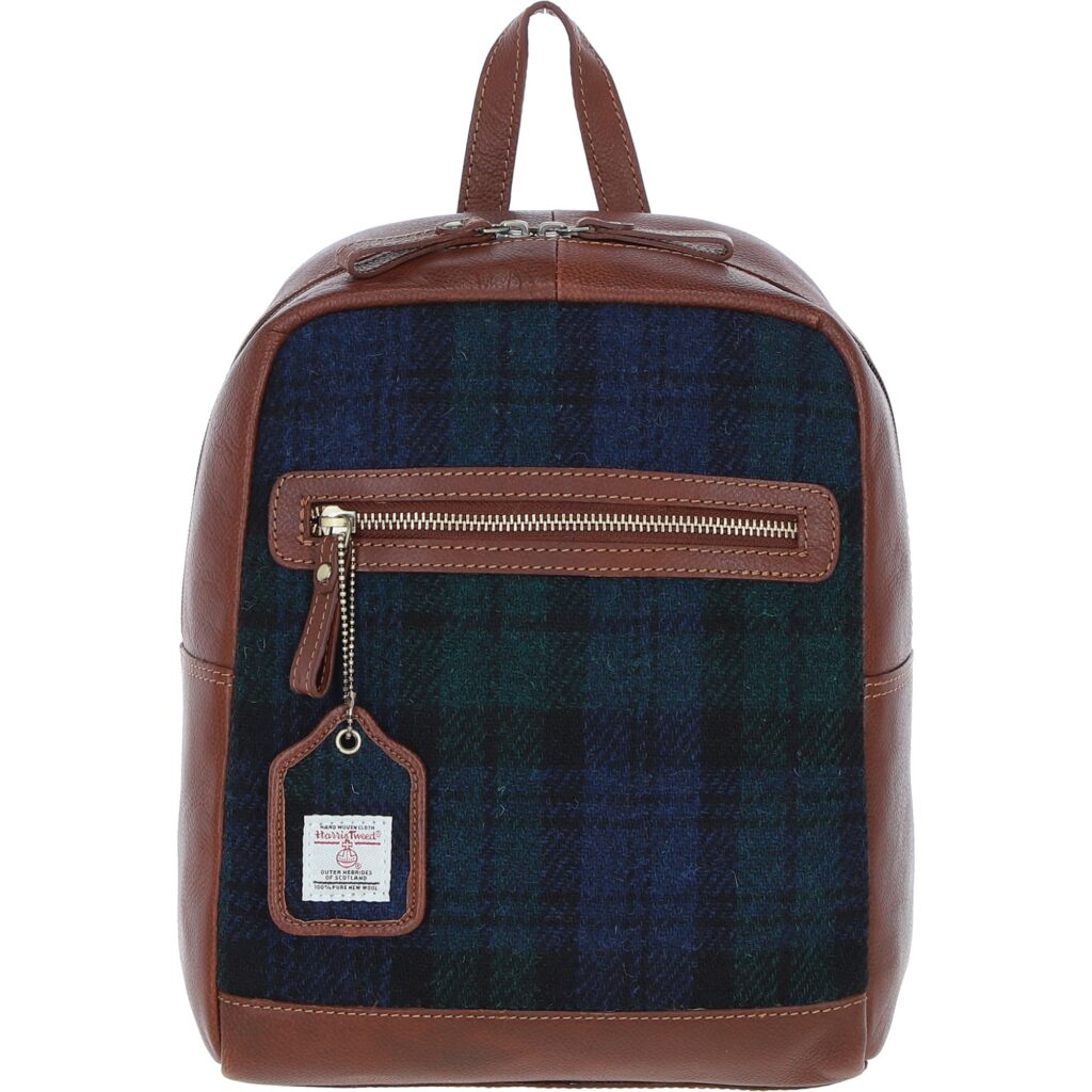 Real Leather Barassie Large Backpack with Harris Tweed - Tan Leather &amp; Black Watch