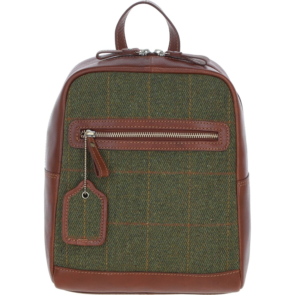 Real Leather Barassie Large Backpack with Harris Tweed - Tan Leather &amp; Green Check