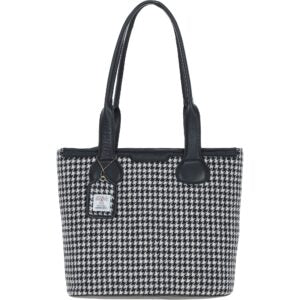 Harris Tweed and Genuine Leather Maidens Shoulder Bag - Black Leather &amp; Black and White Houndstooth