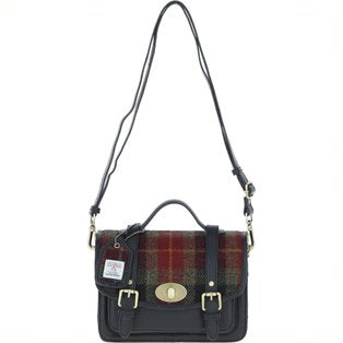 Real Leather Medium “Millport” Satchel with Brass Twist Lock with Harris Tweed - Black Leather & Green Red