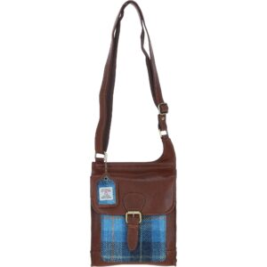 Real Leather Maybole Crossbody Bag with Harris Tweed - Tan Leather &amp; Castle Bay