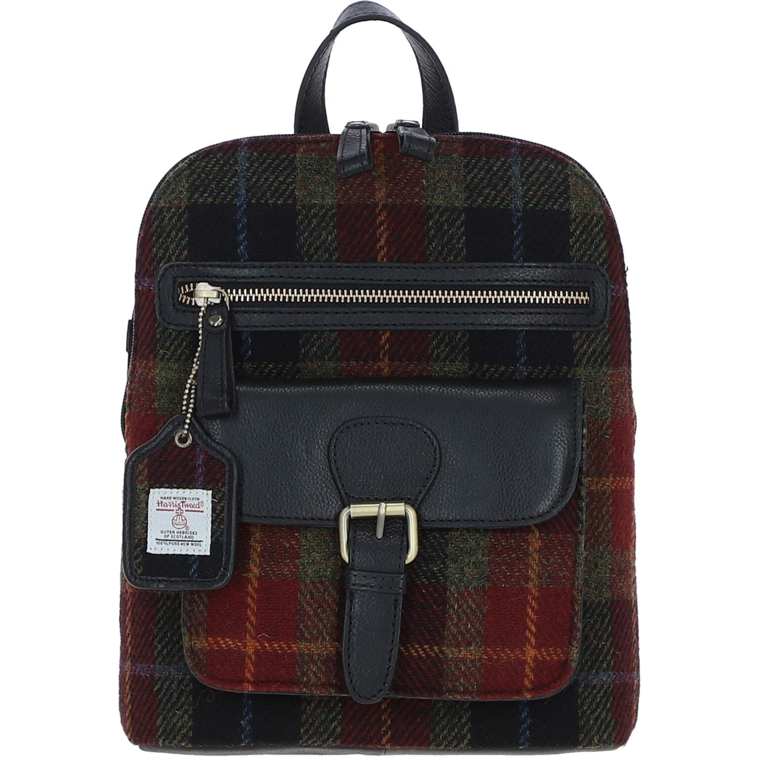 Real Leather Seamill Large Laptop Rucksack with Harris Tweed - Black Leather &amp; Green Red