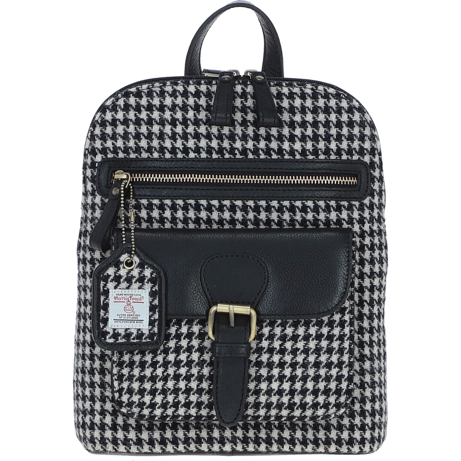 Genuine Leather Ayr Backpack with Harris Tweed - Black Leather &amp; Black and White Houndstooth