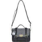 Millport Medium Black Leather Satchel Bag with Harris Tweed Black & White Houndstooth Fabric | Harris Tweed Scotland