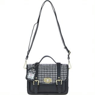 Real Leather Medium “Millport” Satchel with Brass Twist Lock with Harris Tweed - Black Leather and Black & White Houndstooth