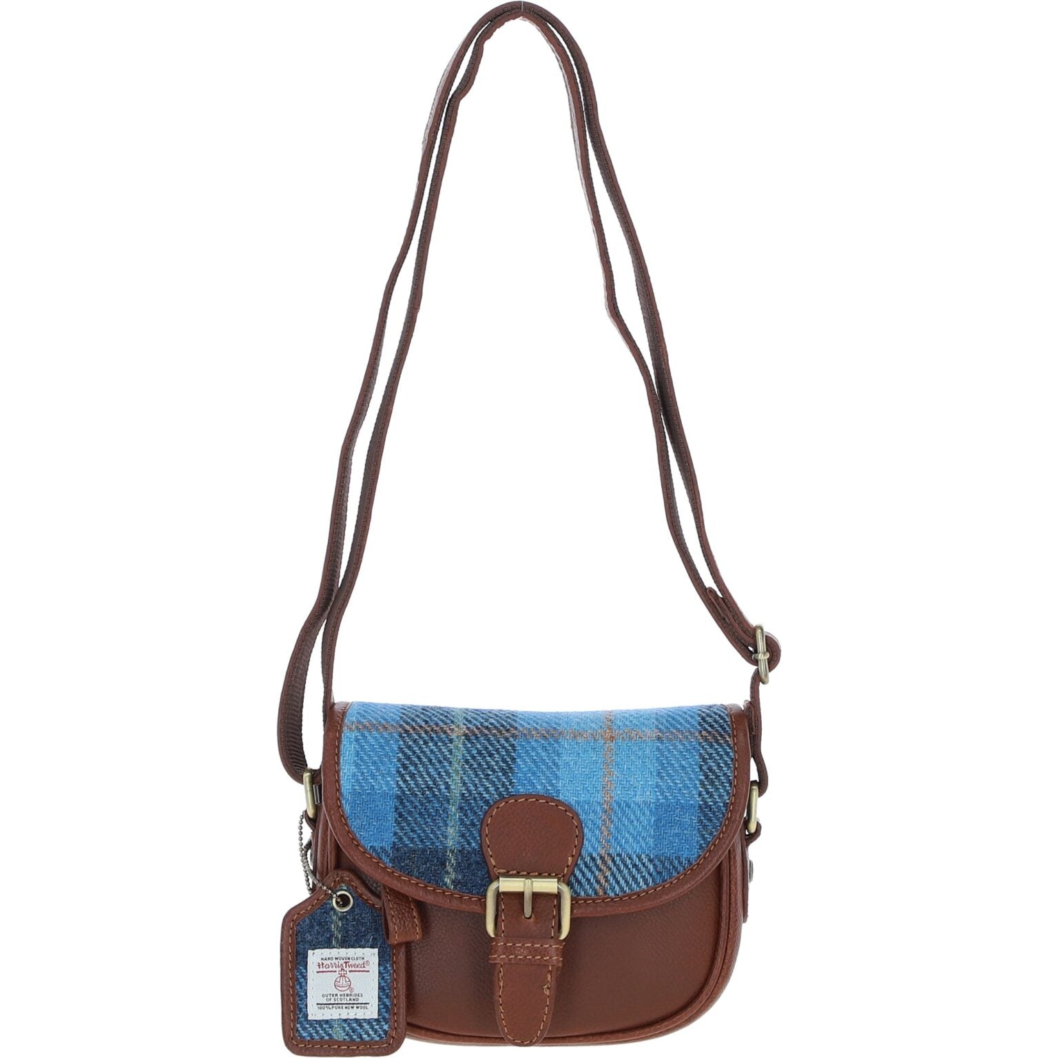 Real Leather Prestwick Small Saddle Bag with Harris Tweed - Tan Leather &amp; Castle Bay