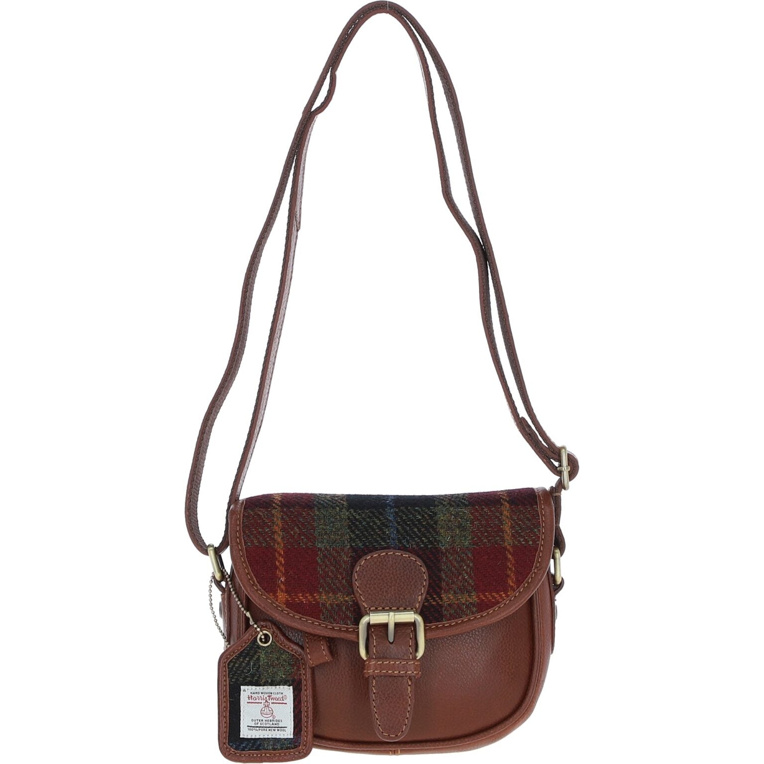 Real Leather Prestwick Small Saddle Bag with Harris Tweed - Tan Leather &amp; Green Red
