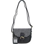 Real Leather Prestwick Small Saddle Bag with Harris Tweed Black Leather & Black and White Houndstooth | Harris Tweed Scotland