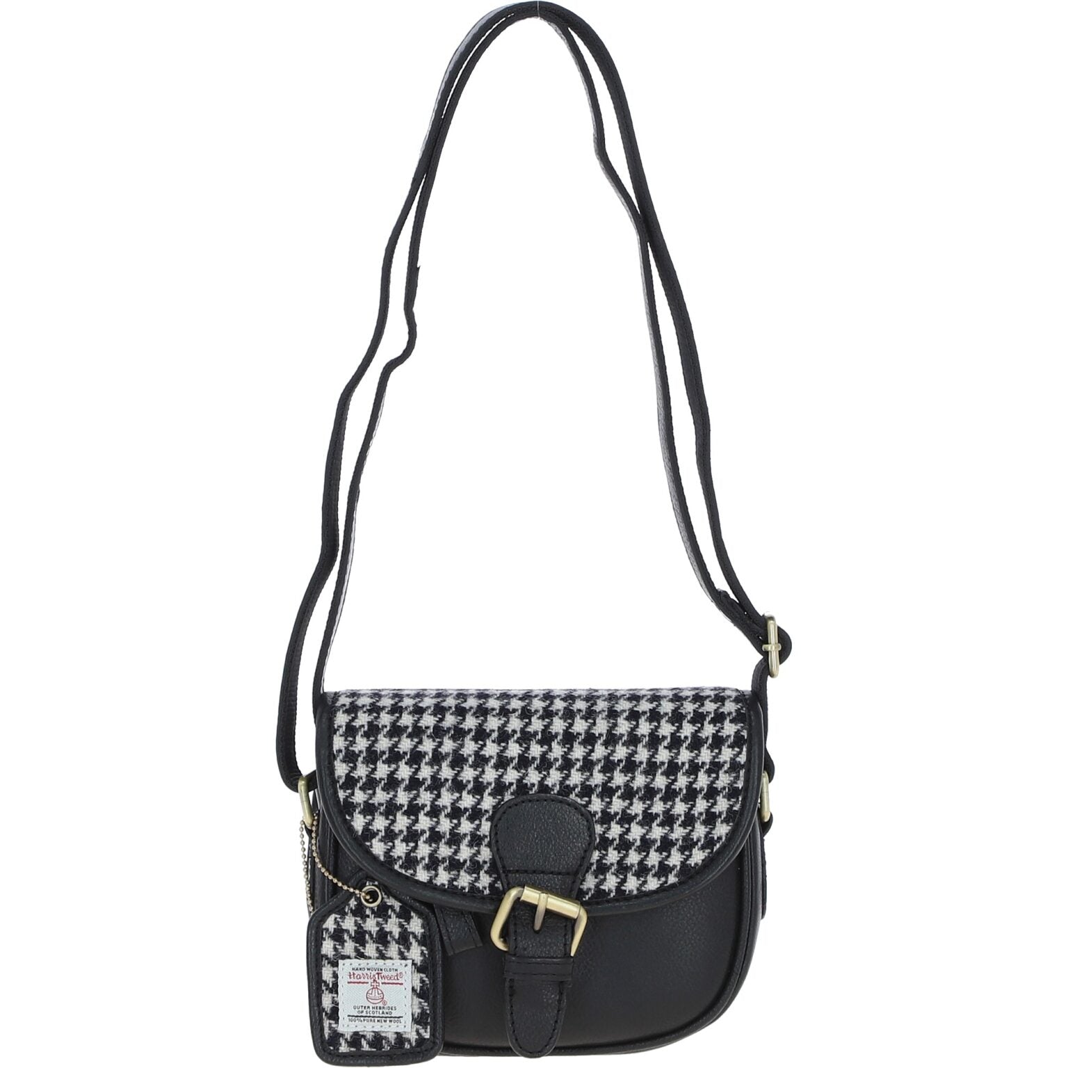 Real Leather Prestwick Small Saddle Bag with Harris Tweed - Black Leather &amp; Black and White Houndstooth