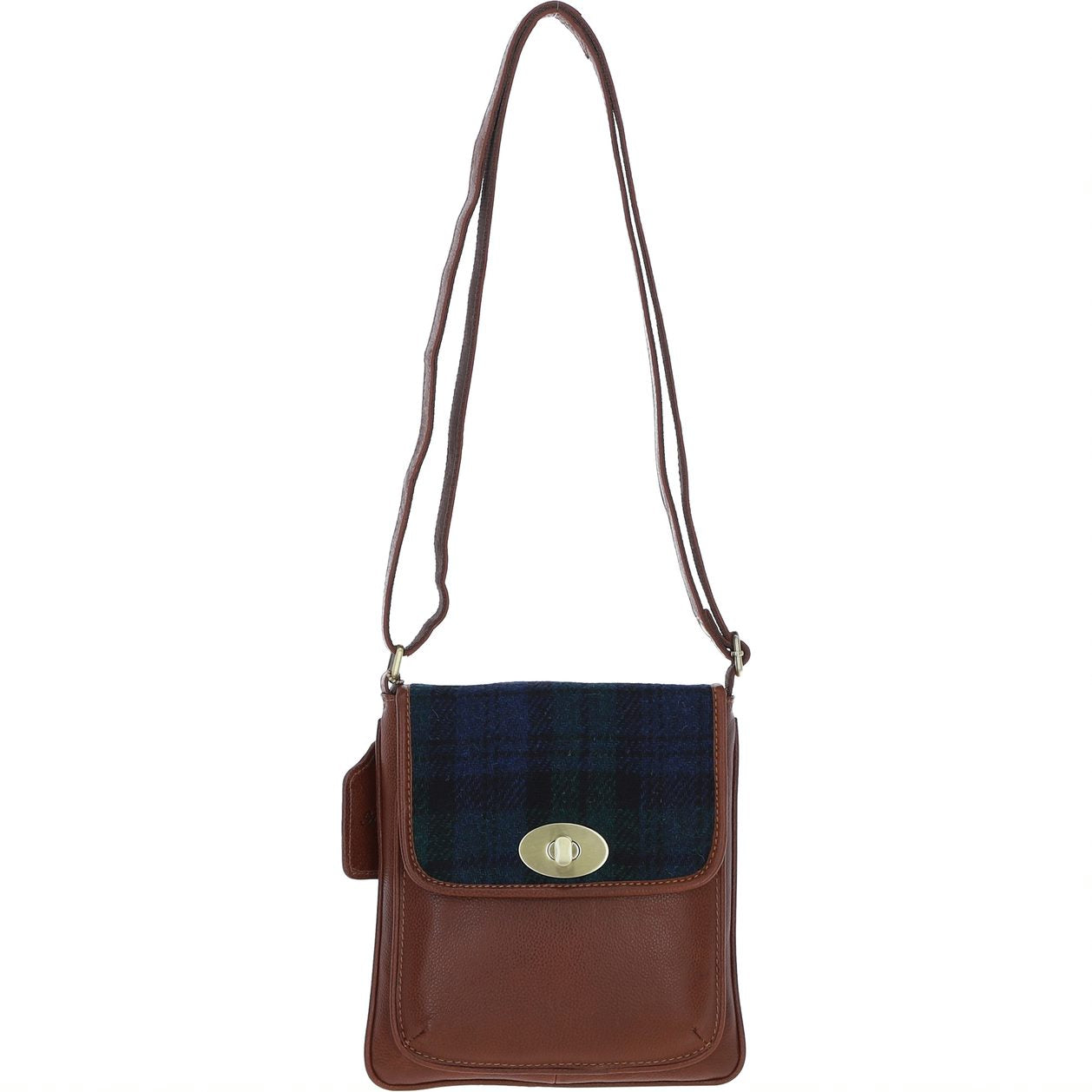 Real Leather Twist Lock Crossbody Bag with Harris Tweed - Tan Leather & Black Watch