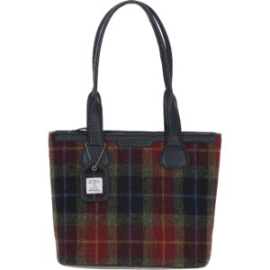Harris Tweed and Genuine Leather Maidens Shoulder Bag - Black Leather &amp; Green Red