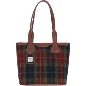Harris Tweed and Genuine Leather Maidens Shoulder Bag - Tan Leather &amp; Green Red
