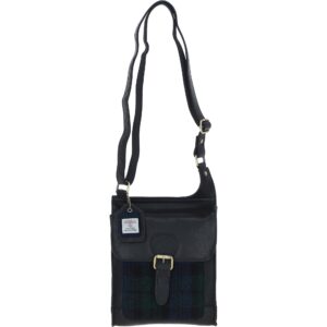 Real Leather Maybole Crossbody Bag with Harris Tweed - Black Leather &amp; Black Watch