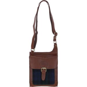 Real Leather Maybole Crossbody Bag with Harris Tweed - Tan Leather &amp; Black Watch