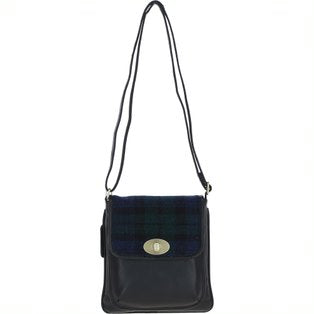 Real Leather Twist Lock Crossbody Bag with Harris Tweed - Black Leather & Black Watch