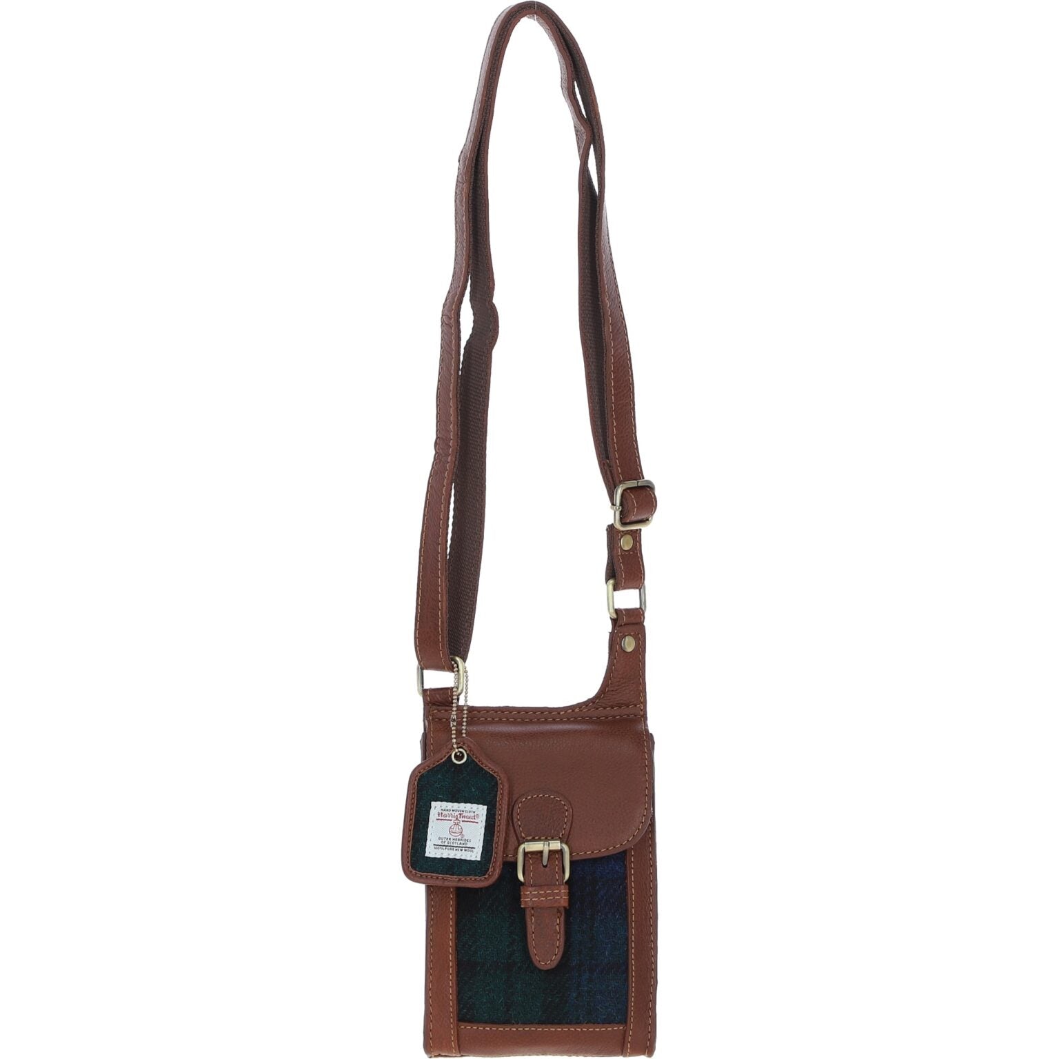 Harris Tweed and Genuine Leather Girvan Baby Crossbody Bag - Tan Leather &amp; Black Watch