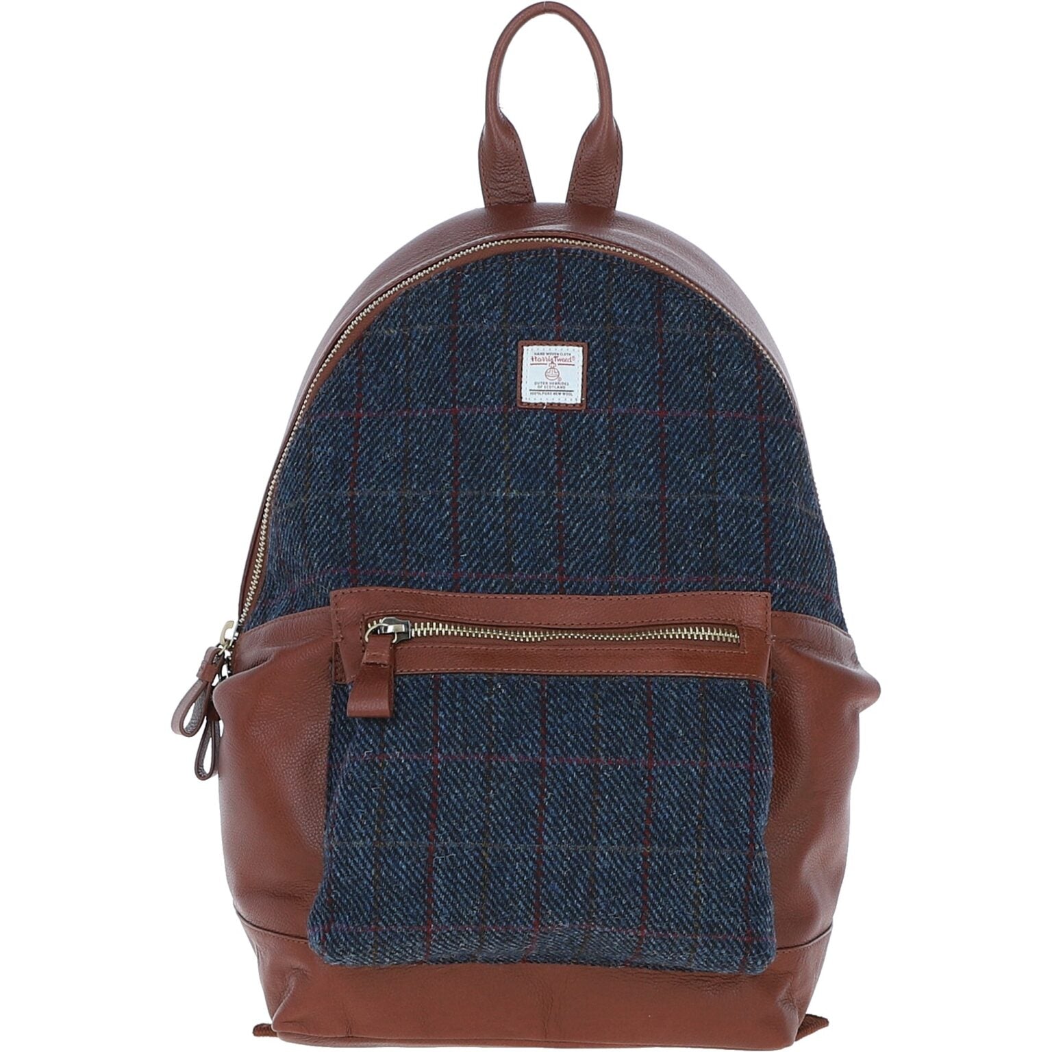 Real Leather Seamill Large Laptop Rucksack with Harris Tweed - Tan Leather &amp; Navy
