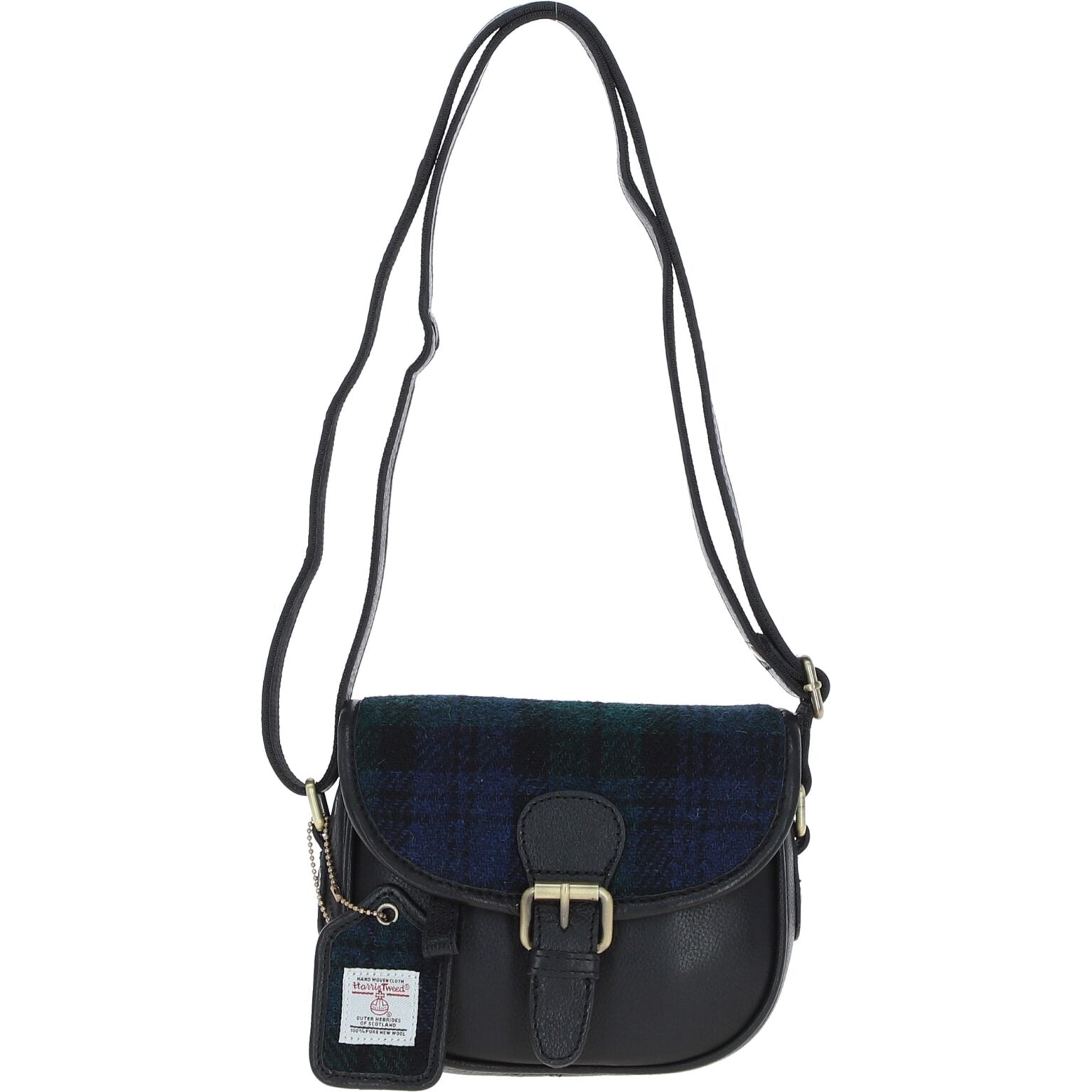 Real Leather Prestwick Small Saddle Bag with Harris Tweed - Black Leather &amp; Black Watch