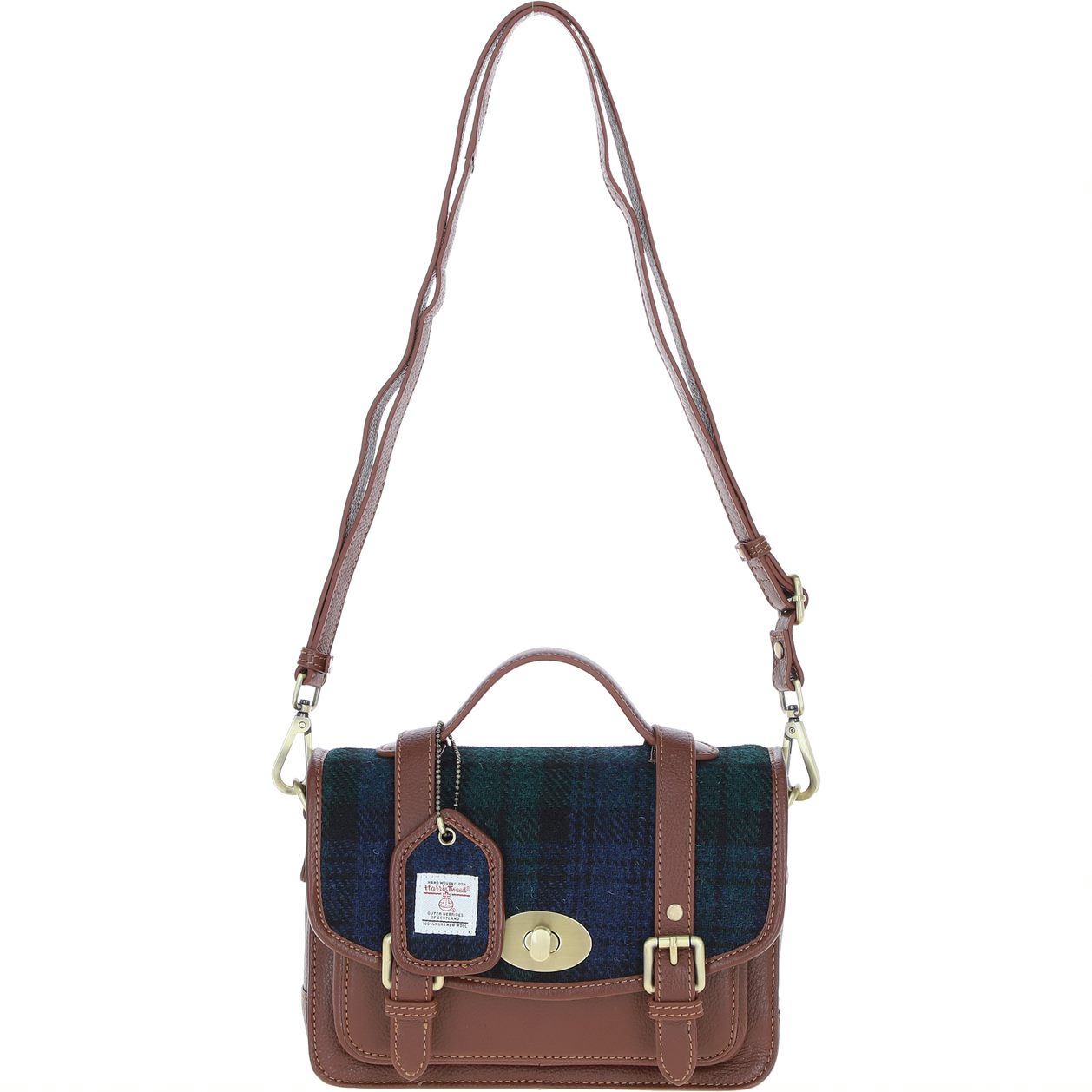 Real Leather Medium “Millport” Satchel with Brass Twist Lock with Harris Tweed - Tan Leather & Black Watch