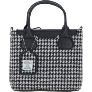 Real Leather with Harris Tweed Troon Mini Handbag with Removable Crossbody Strap - Black Leather &amp; Black and White Houndstooth