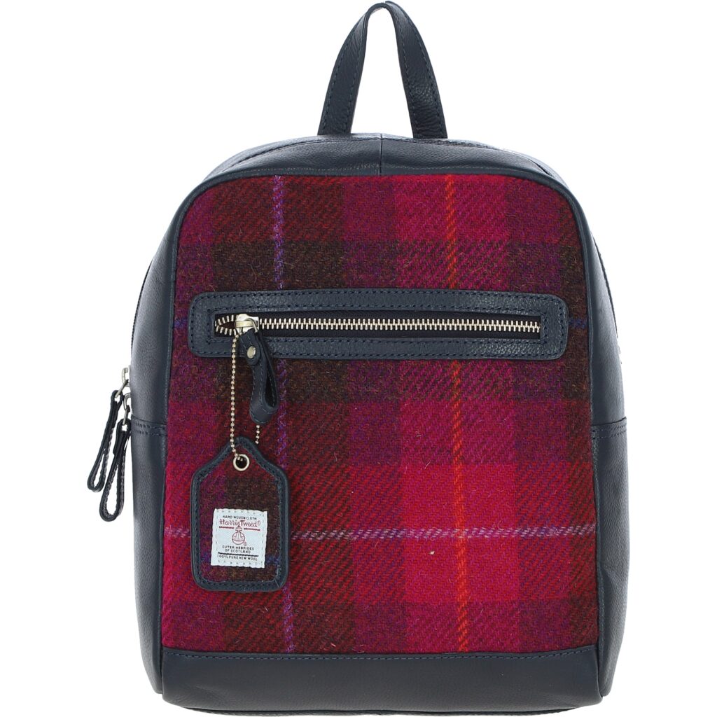 Real Leather Barassie Large Backpack with Harris Tweed - Navy Leather &amp; Fuschia
