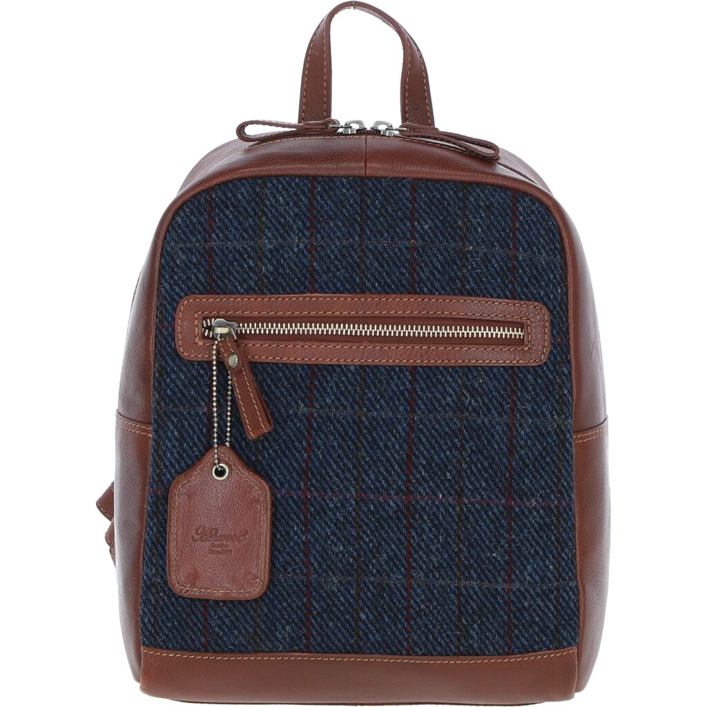 Real Leather Barassie Large Backpack with Harris Tweed - Tan Leather &amp; Navy