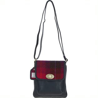 Real Leather Twist Lock Crossbody Bag with Harris Tweed - Navy Leather & Fuschia
