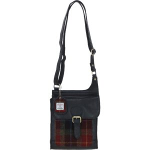 Real Leather Maybole Crossbody Bag with Harris Tweed - Black Leather &amp; Green Red