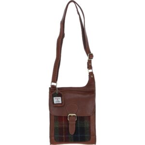 Real Leather Maybole Crossbody Bag with Harris Tweed - Tan Leather &amp; Green Red