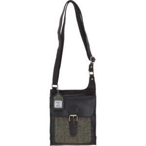 Real Leather Maybole Crossbody Bag with Harris Tweed - Brown Leather &amp; Green