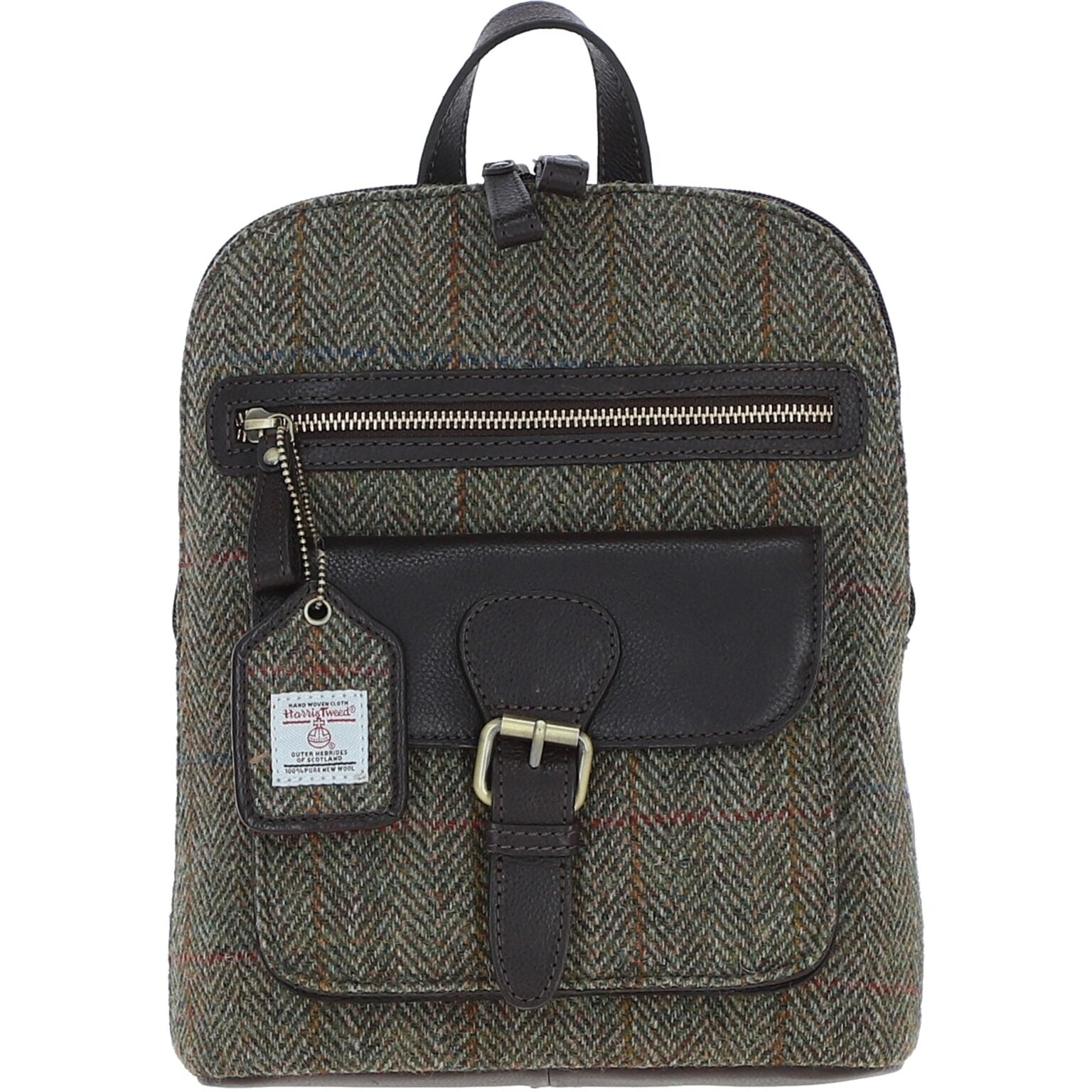Genuine Leather Ayr Backpack with Harris Tweed - Brown Leather &amp; Green
