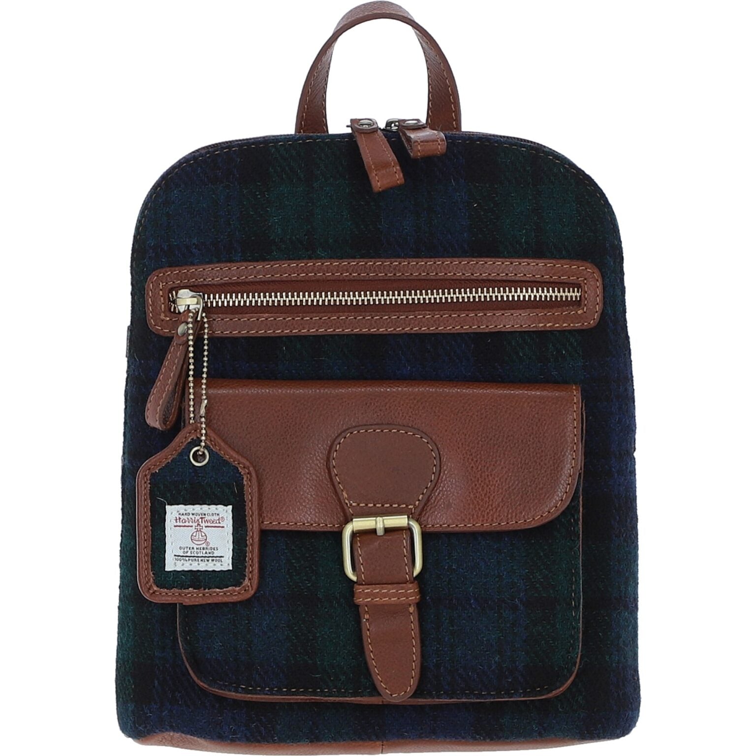 Genuine Leather Ayr Backpack with Harris Tweed - Black Leather &amp; Black Watch