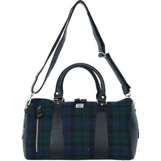 Real Leather Irvine Small Holdall Harris Tweed - Black Leather &amp; Black Watch