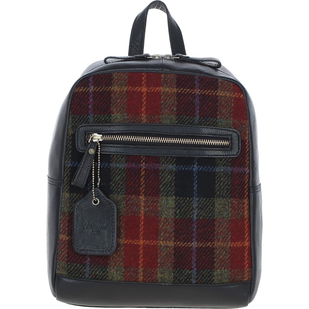 Real Leather Barassie Large Backpack with Harris Tweed - Black Leather &amp; Green Red