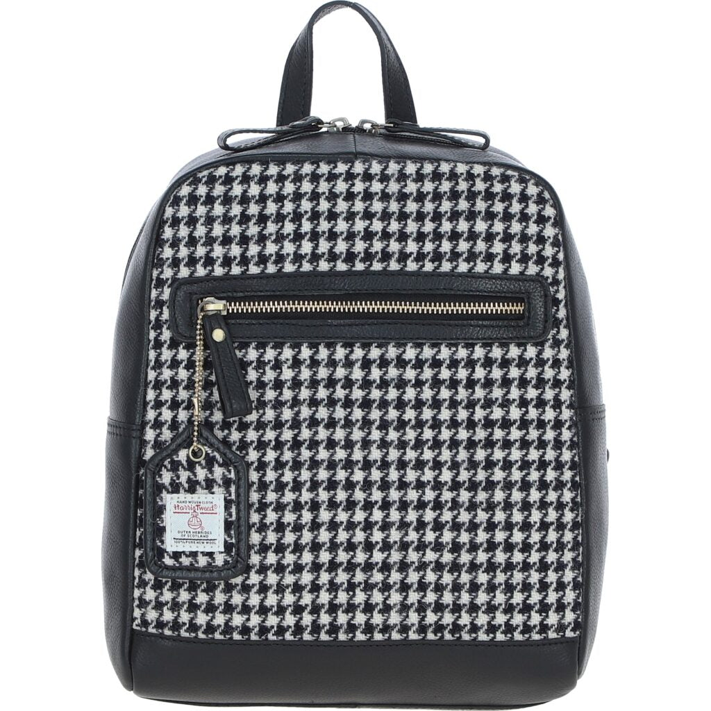 Real Leather Barassie Large Backpack with Harris Tweed - Black Leather &amp; Black and White Houndstooth
