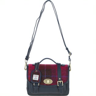 Real Leather Medium “Millport” Satchel with Brass Twist Lock with Harris Tweed - Navy Leather & Fuschia