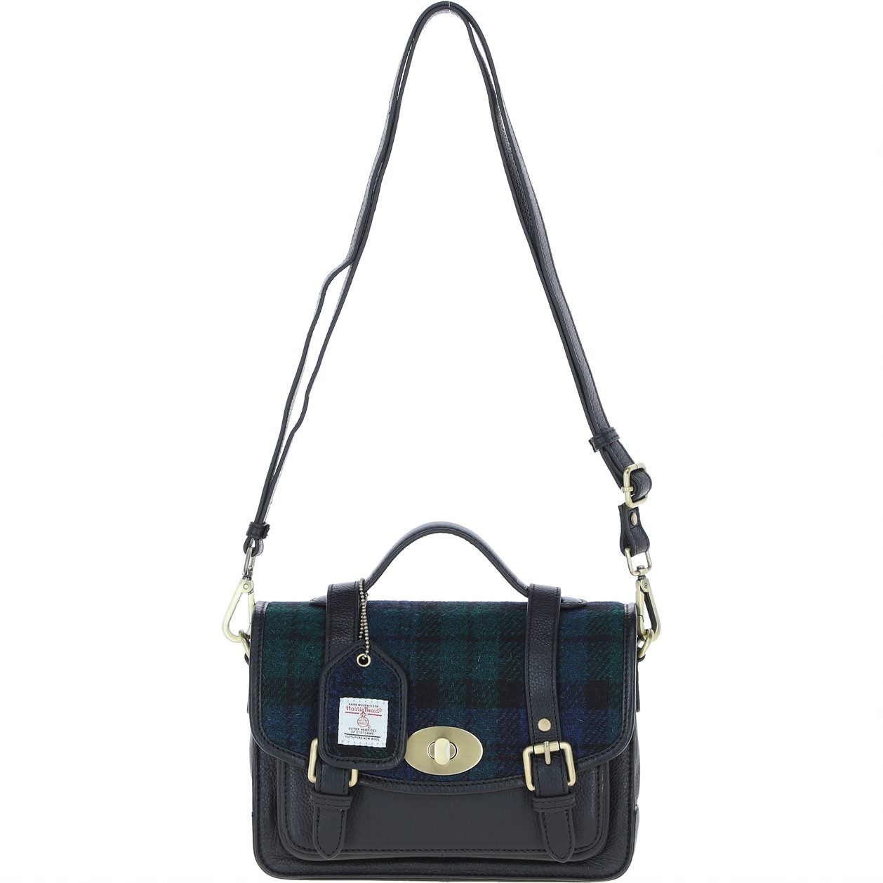 Real Leather Medium “Millport” Satchel with Brass Twist Lock with Harris Tweed - Black Leather & Black Watch