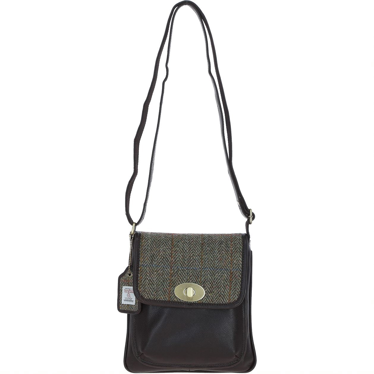 Real Leather Twist Lock Crossbody Bag with Harris Tweed - Brown Leather & Green