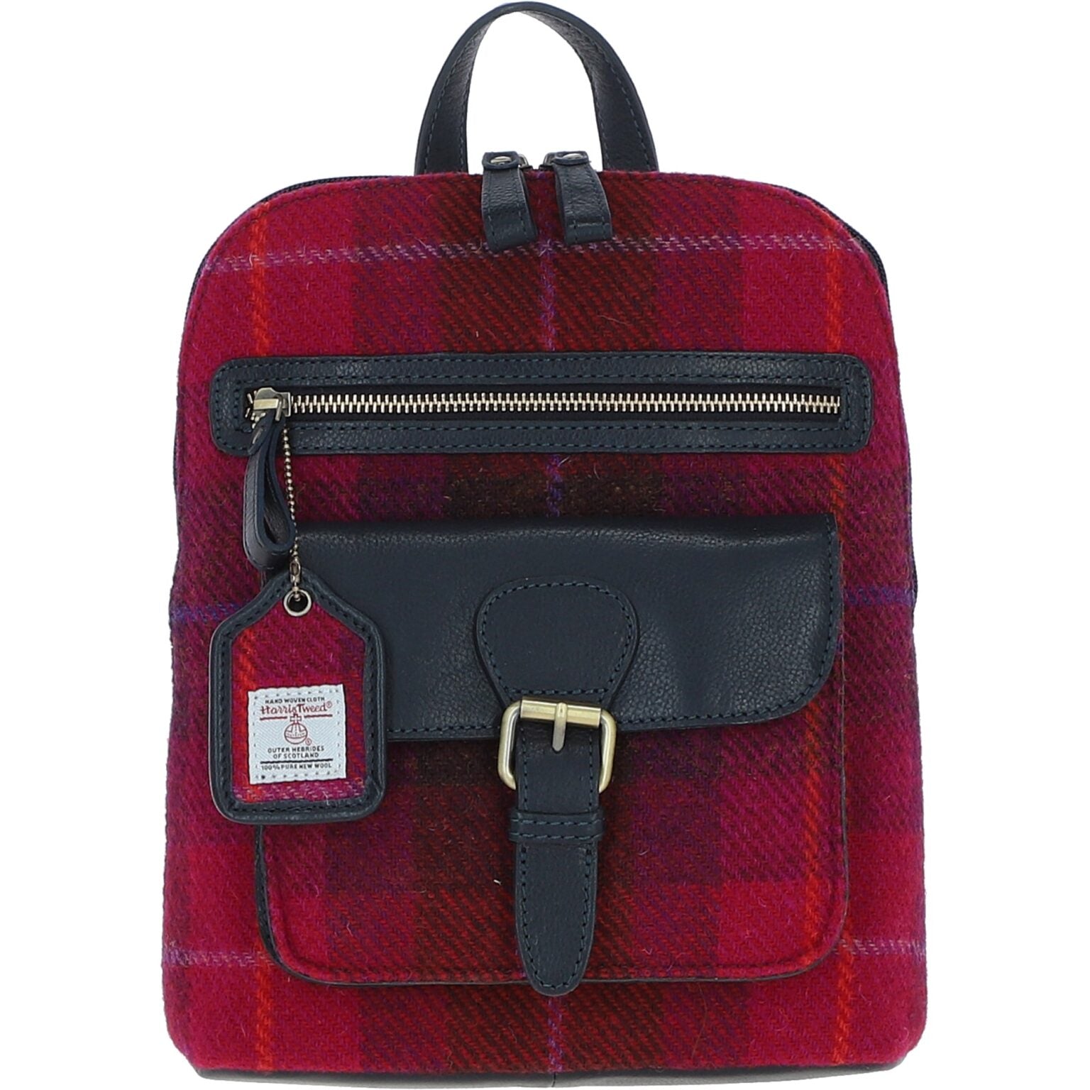 Genuine Leather Ayr Backpack with Harris Tweed - Navy Leather &amp; Fuschia
