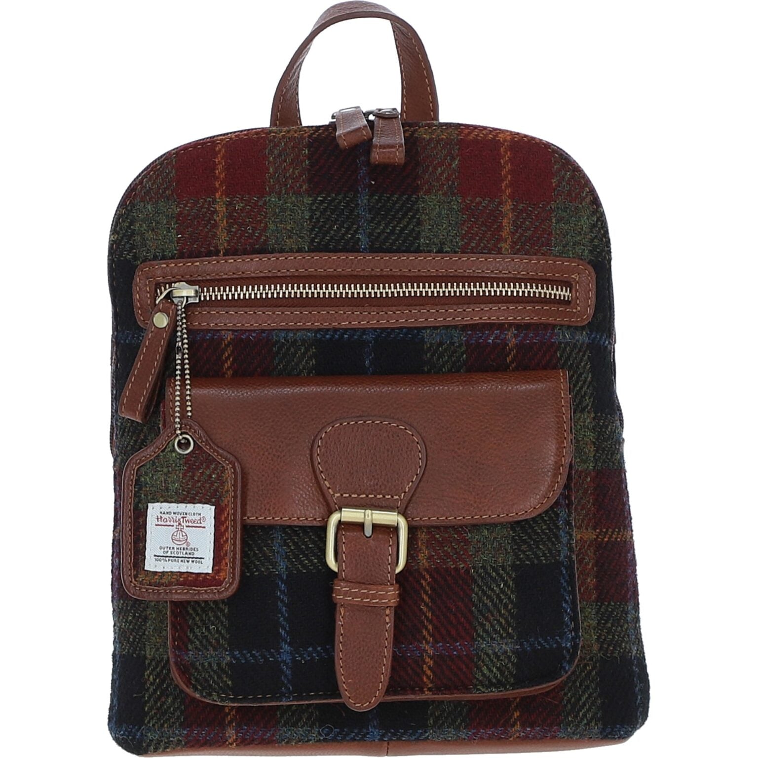 Genuine Leather Ayr Backpack with Harris Tweed - Tan Leather &amp; Green Red