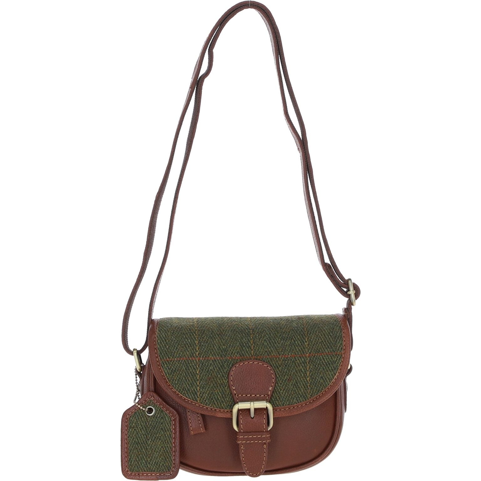 Real Leather Prestwick Small Saddle Bag with Harris Tweed - Tan Leather &amp; Green Check