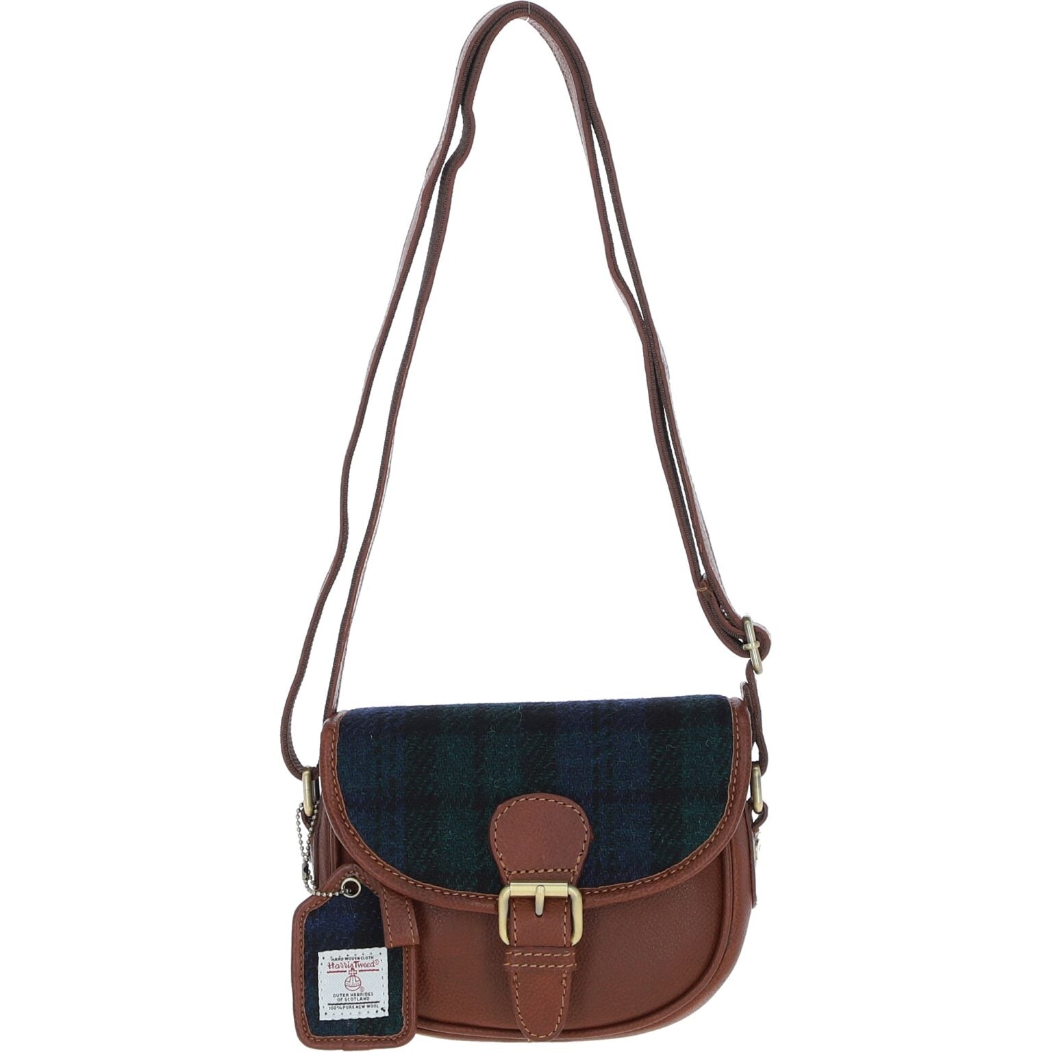 Real Leather Prestwick Small Saddle Bag with Harris Tweed - Tan Leather &amp; Black Watch