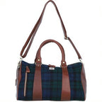 Real Brown Leather Irvine Small Holdall Bag Harris Tweed Black Watch & Navy Blue Check | Harris Tweed Scotland