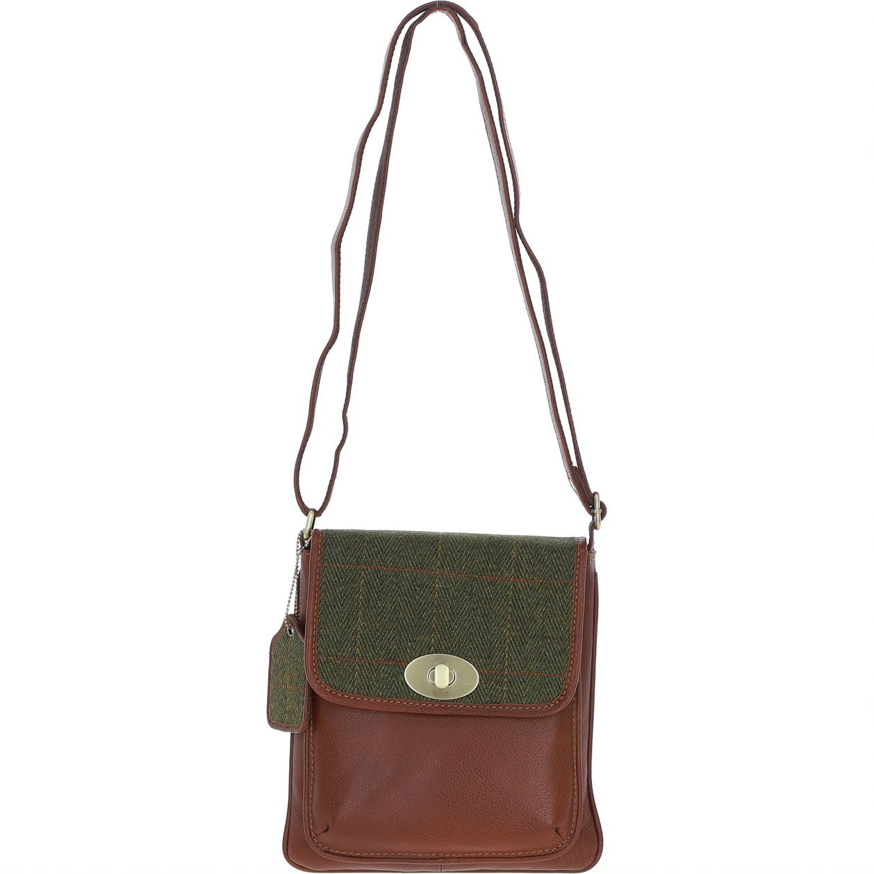 Real Leather Twist Lock Crossbody Bag with Harris Tweed - Tan Leather & Green Check
