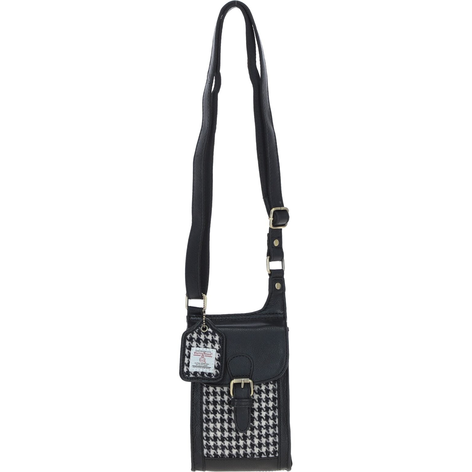 Harris Tweed and Genuine Leather Girvan Baby Crossbody Bag - Black Leather &amp; Black and White Houndstooth