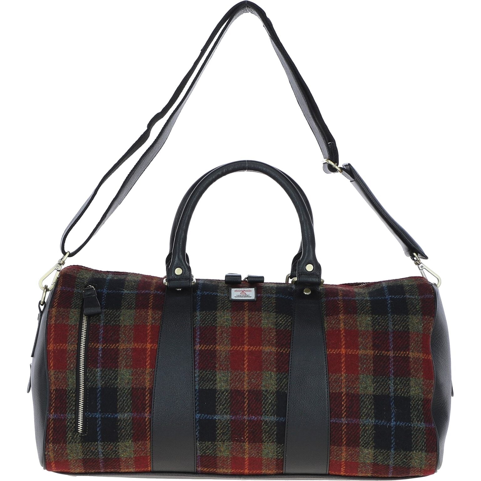 Real Leather Inverness Large Holdall Harris Tweed - Black Leather & Green Red