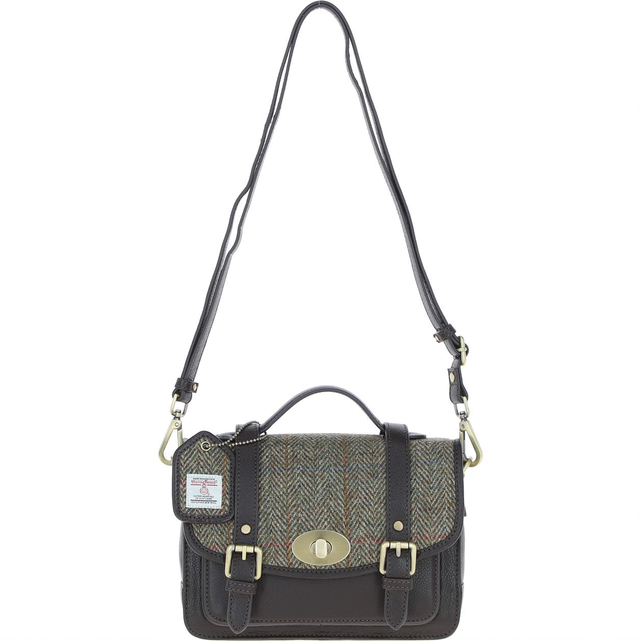 Real Leather Medium “Millport” Satchel with Brass Twist Lock with Harris Tweed - Black Leather & Green