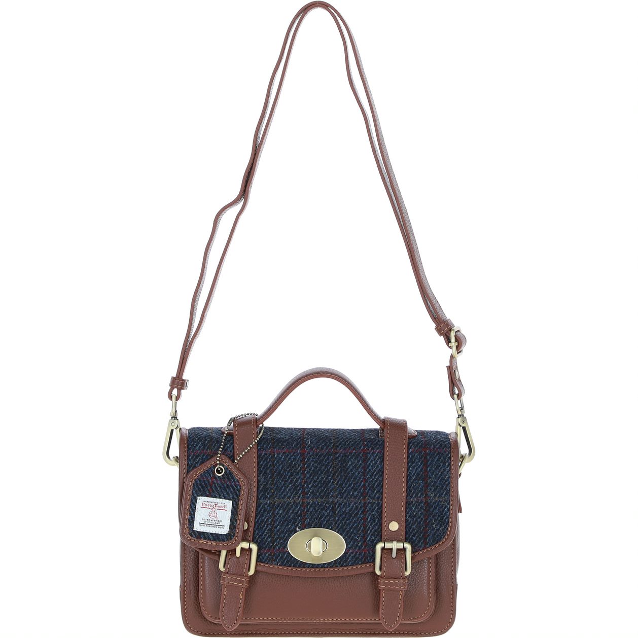 Real Leather Medium “Millport” Satchel with Brass Twist Lock with Harris Tweed - Tan Leather & Navy
