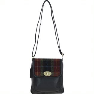 Real Leather Twist Lock Crossbody Bag with Harris Tweed - Black Leather & Green Red
