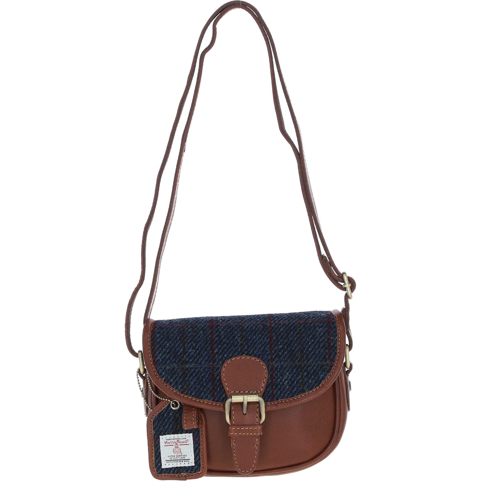 Real Leather Prestwick Small Saddle Bag with Harris Tweed - Tan Leather &amp; Navy